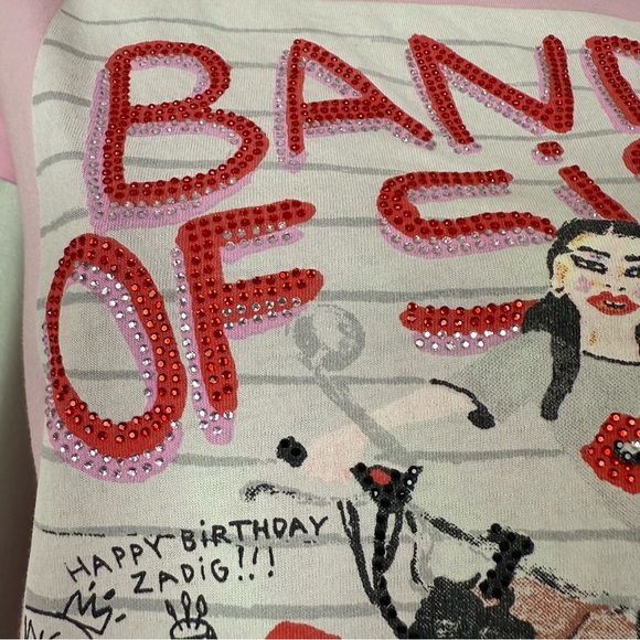 Zadig Voltaire XS Band of Sisters Rhinestone Pink Graphic Short Sleeve Boxy Tee - Picture 6 of 9